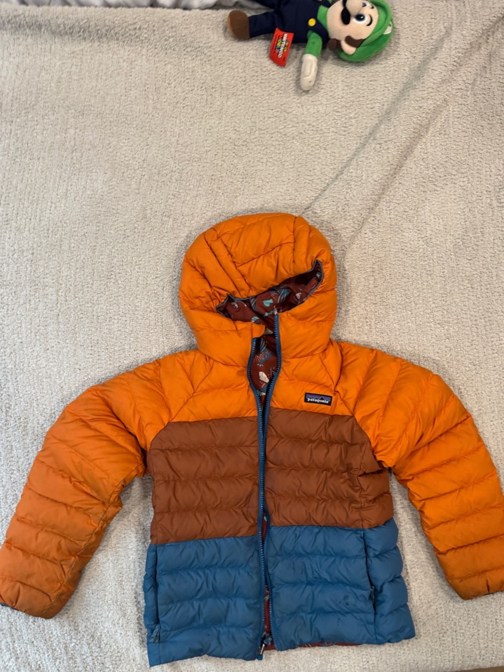Patagonia Orange, Brown & Blue Hooded Puffer Jacket